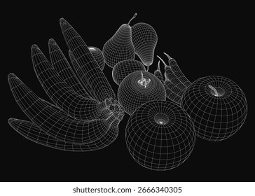 A 3D wireframe model of bananas clustered together with scattered pears on a sleek black background. The fruits' vibrant colors contrast sharply against the dark surface.