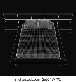 A 3D wireframe model of a bed features clean geometric lines and two pillows on top. The black background enhances the futuristic aesthetic. The minimalist design highlights structural details.