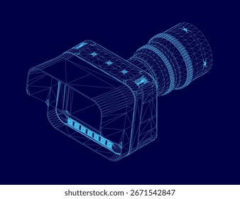 3D wireframe model of a camera displayed on a smooth blue background, highlighting intricate details and geometric structure. The transparent design showcases internal components with precision.