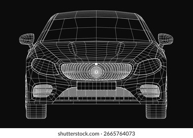 Ein 3D-Drahtmodell eines Autos auf glattem schwarzem Hintergrund, das komplexe strukturelle Details zeigt. Das realistische Rendering unterstreicht das elegante Design und den Fortschritt des Fahrzeugs.