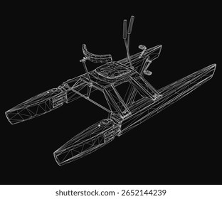 Um modelo em 3D wireframe de um hidroavião catamarã, mostrando seu design elegante e detalhes estruturais em um fundo preto. A intrincada malha destaca a forma aerodinâmica da aeronave e o casco duplo.