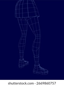 Ein 3D-Drahtmodell eines College-Mädchens Beine in einem Rock und Schuhe animiert auf blauem Hintergrund, simuliert Bewegung. Das digitale Rendering hebt dynamische Bewegungen mit sauberen geometrischen Linien hervor.