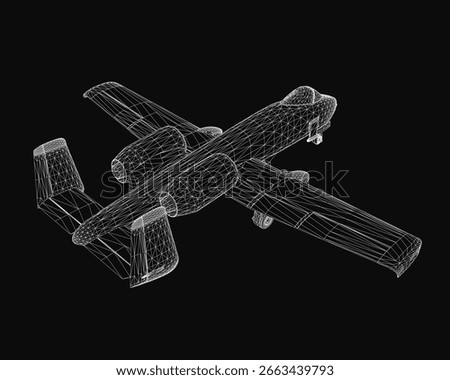 A 3D wireframe model of a combat aircraft with detailed wings, tail, and cockpit stands out against a black background. The white lines create a striking contrast.
