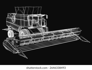 3D wireframe model of a combine harvester stands out against a deep black background. The detailed design includes headlights, a grille, and wheels, showcasing the vehicle's structure.