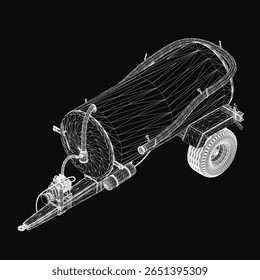 Um modelo em 3D wireframe de um trailer misturador de concreto com tanque detalhado, rodas e guidão em um fundo preto. O projeto destaca a estrutura e os componentes mecânicos do veículo.