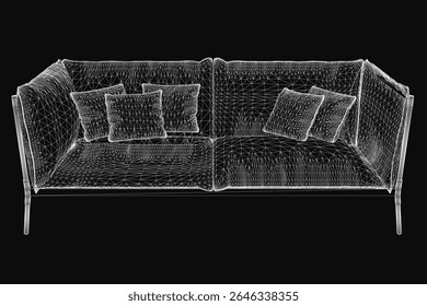 Modelo em 3D wireframe de um sofá contemporâneo com almofadas de pelúcia, mostrando linhas limpas e design moderno. A estrutura de malha transparente destaca a estrutura geométrica, enquanto travesseiros macios