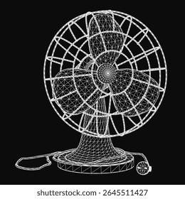A 3D wireframe model of a desktop fan with realistic details, featuring a sleek black background for a modern aesthetic. The fan blades and base are clearly defined, creating a clean and professional.