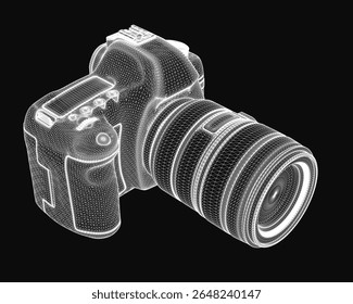 Ein 3D-Drahtmodell einer digitalen Spiegelreflexkamera, realistisch auf einem glatten schwarzen Hintergrund dargestellt. Die detaillierte Mesh-Struktur hebt das Design der Kamera hervor und zeigt ihre Tasten, das Objektiv und den Körper.