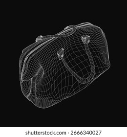 Un modelo de estructura de alambre 3D de una bolsa de lona que se muestra sobre un elegante fondo negro. La estructura de malla detallada resalta contornos y dimensiones realistas. Perfecto para conceptos de diseño.