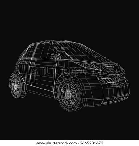 A 3D wireframe model of a electric car on a black background, showcasing sleek design and modern technology. The small car features realistic rendering with clean lines and detailed.