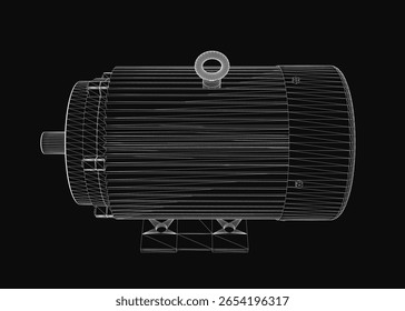 Um modelo de wireframe 3D de um motor elétrico exibe esquemas complexos com linhas e curvas detalhadas em um fundo preto. O design realista destaca a estrutura complexa do motor.