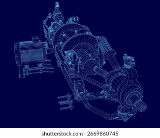 A 3D wireframe model of an electric motor displays detailed mechanical components like pistons, motor parts, and gears in a blueprint-style design. The technical illustration is presented on a clean.