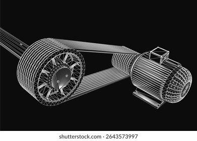 Um modelo de wireframe 3D de um motor, mostrando detalhes mecânicos intrincados contra um fundo preto elegante. O projeto destaca a engenharia de precisão com componentes visíveis e linhas limpas.
