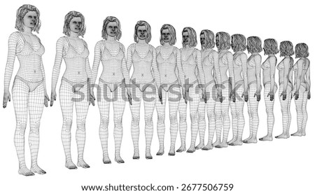A 3D wireframe model of a female figure stands in a line, wearing a bra and panties on a white background. This anatomical visualization provides a detailed study of the human form.