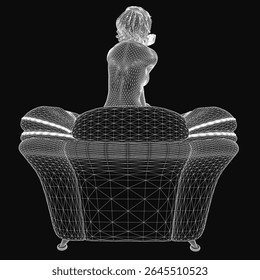 A 3D wireframe model of a girl sitting on a couch with a black background, wearing a white dress and her hair in a bun. Her eyes are closed, hands resting on her lap, exuding a peaceful expression.