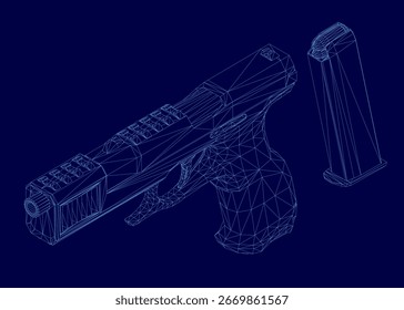 Um modelo em 3D de uma pistola com detalhes realistas destaca-se contra um fundo azul sólido. O intrincado design de malha destaca a estrutura da arma, criando um impressionante contraste visual.