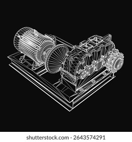 A 3D wireframe model of an industrial gearbox with intricate mechanical details, set against a black background. The realistic representation highlights the electric motor components and complex.