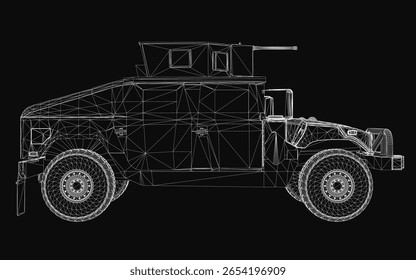 Un modelo de estructura de alambre 3D de un jeep de combate militar se destaca sobre un fondo negro. La estructura de malla detallada destaca el diseño robusto del vehículo y las características tácticas. Perfecto para la defensa.