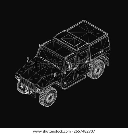 A 3D wireframe model of a military combat vehicle on a black background features intricate details like headlights, grille, and wheels. The realistic rendering gives the vehicle a lifelike appearance.
