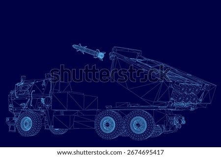 A 3D wireframe model of a military missile launcher mounted on a truck, displayed against a blue background. The detailed blueprint highlights the vehicle's structure and mechanical components.