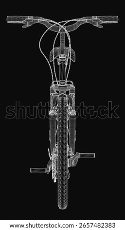 A 3D wireframe model of a mountain bike with detailed handlebars, seat, pedals, and frame, rendered realistically on a black background. The intricate design highlights the bike's structure