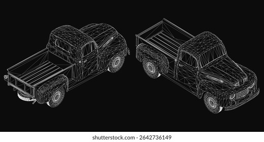 A 3D wireframe model of a pickup truck with realistic contours and details, rendered on a sleek black background. The transparent mesh design highlights the vehicle's structure while maintaining a.
