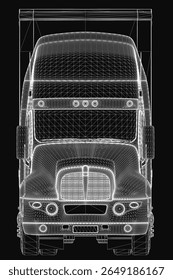 A 3D wireframe model of a semi truck on a black background, featuring detailed headlights, a prominent grille, and clearly defined wheels. The clean design highlights the vehicle's structure