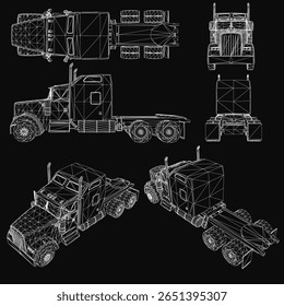 A 3D wireframe model of a semi truck stands out against a black background. Detailed features include headlights, grille, wheels, and the truck's overall structure.