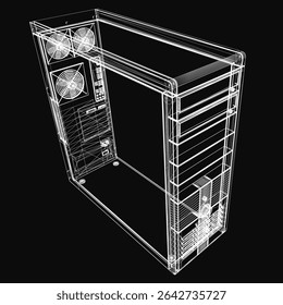 3D wireframe model of a sleek desktop computer case on a black background, showcasing a modern and minimalist design. The transparent mesh structure highlights internal components with clean lines.