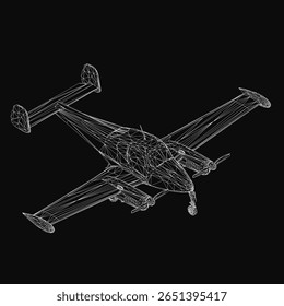 Um modelo em 3D com arames de um pequeno avião se destaca em relação a um fundo preto. A estrutura de malha detalhada dá-lhe uma aparência realista. O design limpo destaca a forma aerodinâmica do avião.