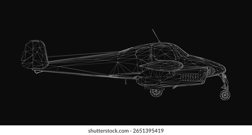 A 3D wireframe model of a small airplane floats against a black background, showcasing realistic structural details. The sleek design highlights the aircraft's aerodynamic shape with precise lines.