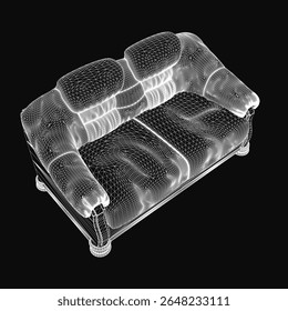 3D wireframe model of a sofa on a black background, showcasing clean lines and realistic proportions. The detailed mesh structure highlights the couch's design, perfect for interior visualization.