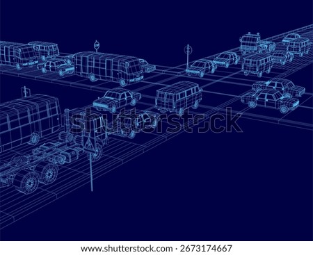 A 3D wireframe model of a street lot features neatly arranged cars and trucks on a blue background. The vehicles align in a grid pattern with visible poles and sign boards.