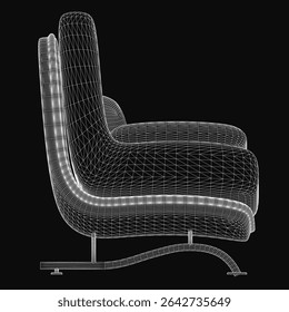 Modelo de wireframe 3D de uma elegante cadeira lounge com encosto curvo e braços, com uma almofada de pelúcia para conforto. O fundo preto destaca o design elegante e realista da cadeira.