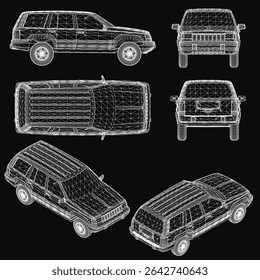Um modelo de arame 3D de um SUV fica sobre um fundo preto, mostrando sua estrutura detalhada e design. O conjunto realça os contornos, o quadro e os principais recursos da máquina