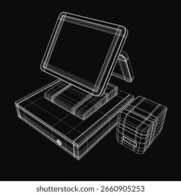 Um modelo de wireframe 3D de um tablet com uma caixa de caixa automática na parte superior, exibido em um plano de fundo escuro. O design apresenta linhas limpas e uma estética futurista.