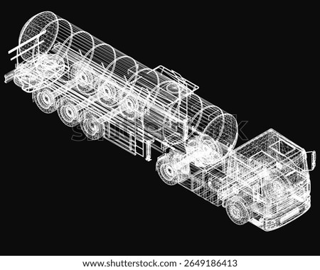 A 3D wireframe model of a tanker truck on a black background highlights its detailed structure and mechanical features. The clean, monochrome design emphasizes the vehicle's contours and industrial.