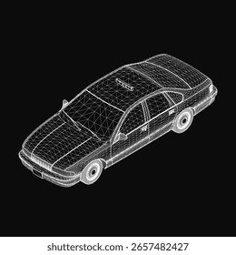 A 3D wireframe model of a taxi car on a sleek black background, showcasing realistic contours and structural details. The design highlights precision and modern automotive aesthetics.