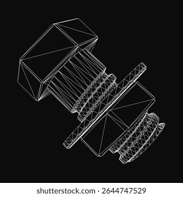Modelo 3D wireframe de um parafuso rosqueado com detalhes intrincados, mostrando um design de parafuso realista em um plano de fundo preto elegante. A ilustração técnica e limpa destaca a engenharia de precisão e.