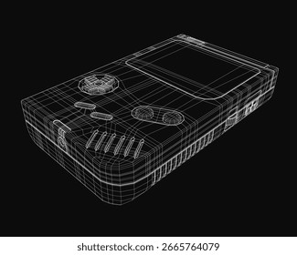 A 3D wireframe model of a video game console displays intricate internal components on a black background. The blueprint highlights buttons, screen, and circuit details with precision.