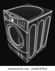 3D wireframe model of a washing machine on a sleek black background, showcasing realistic details and modern design. The transparent mesh structure highlights internal components and mechanical.