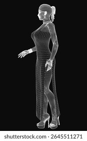 A 3D wireframe model of a woman in a sleek black dress stands elegantly against a dark background. The detailed mesh structure highlights realistic contours and proportions, creating a striking.