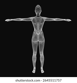 A 3D wireframe model of a woman's body with arms outstretched, showcasing detailed anatomical structure against a black background. The digital rendering highlights skeletal and muscular contours. - Powered by Shutterstock - Get 15% off with code: PIKWIZARD15