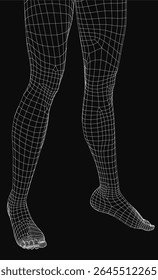 A 3D wireframe model of a woman's legs animated with fluid motion, showcasing dynamic movement against a sleek black background. The stylized digital rendering highlights feminine curves