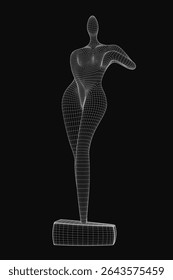 A 3D wireframe model of a woman's torso with intricate details and realistic shading, set against a sleek black background. The abstract statue features smooth curves and precise geometric lines,.
