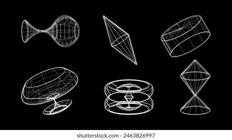 3D wireframe models of objects Network line. Geometric shapes atmosphere future. Retro futuristic design for technological or scientific element. Vector illustration.