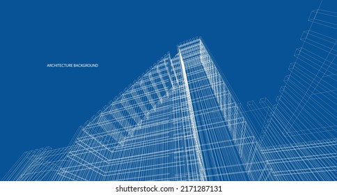 3d wireframe of Modern building. sketch design.Vector