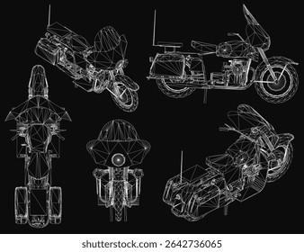 3D wireframe motorcycle model with detailed handlebars, seat, and wheels, isolated on a black background.