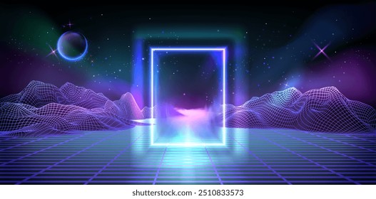 Mapa de montaña de estructura de alambre 3D con Vector de rejilla de tecnología. Paisaje de topografía Abstractas con marco de neón y concepto de brillo de eclipse. Diseño geométrico y futurista de malla cibernética. Ilustración de terreno hud