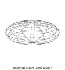3D wireframe oblate spheroid with intersecting elliptical and circular lines, abstract geometric illustration for mathematics, physics, and geodesy visualization, y2k style